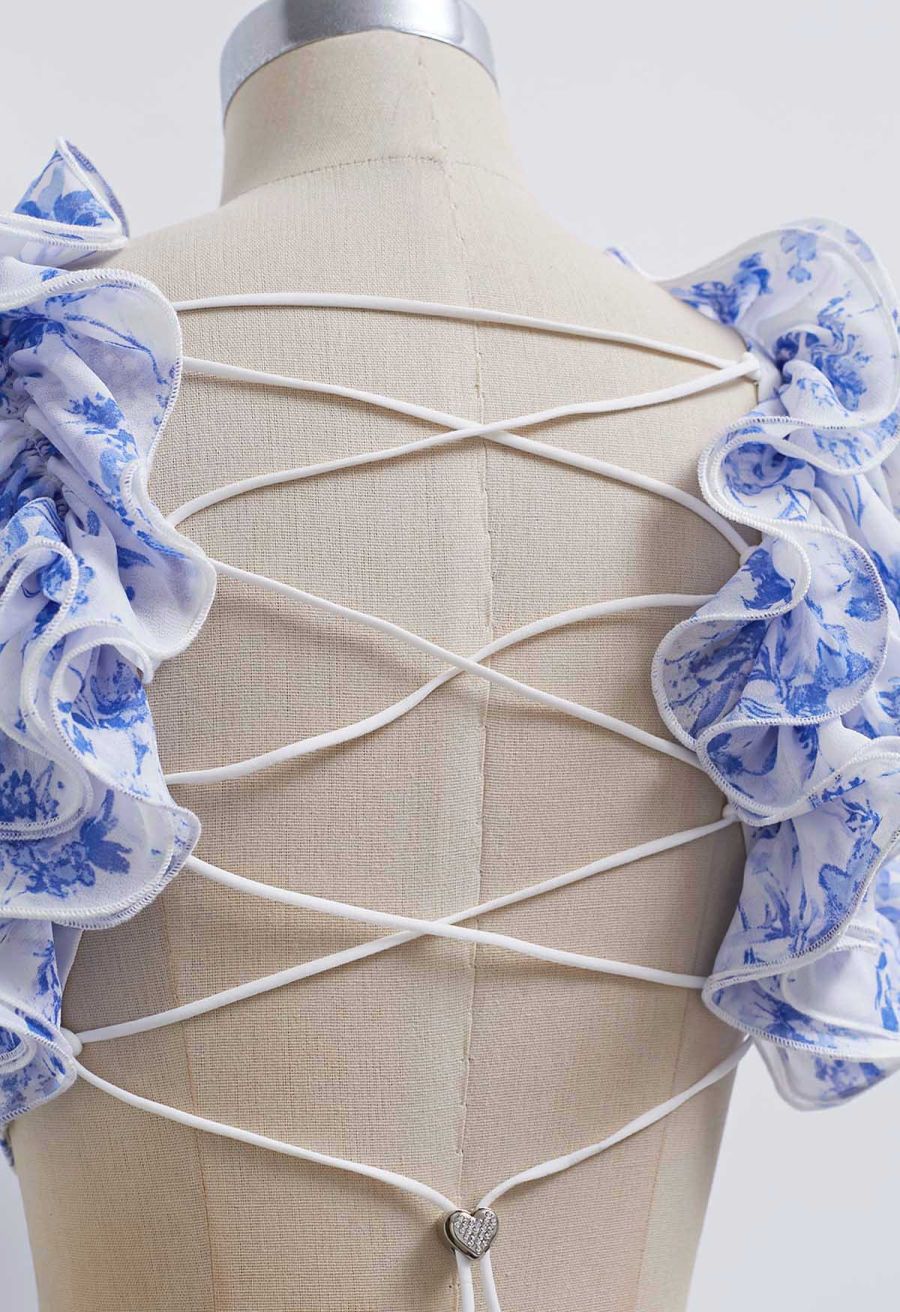 Floral Lace-Up Back Ruffle Cut Out Chiffon Gown