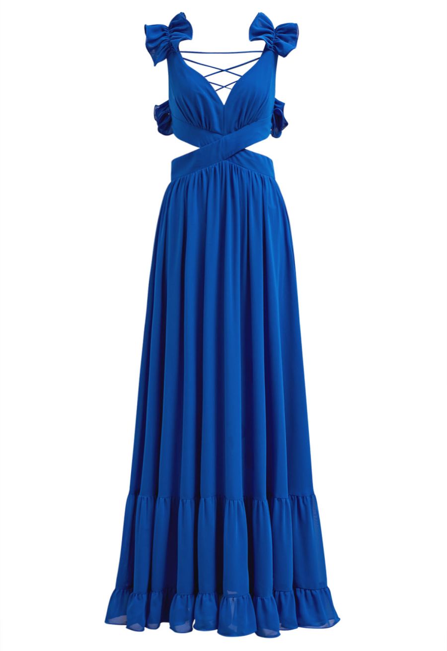Lace-Up Back Ruffle Cut Out Chiffon Gown in Indigo