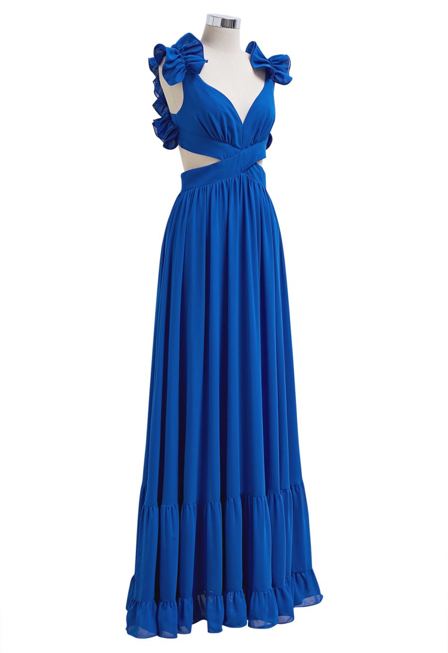 Lace-Up Back Ruffle Cut Out Chiffon Gown in Indigo