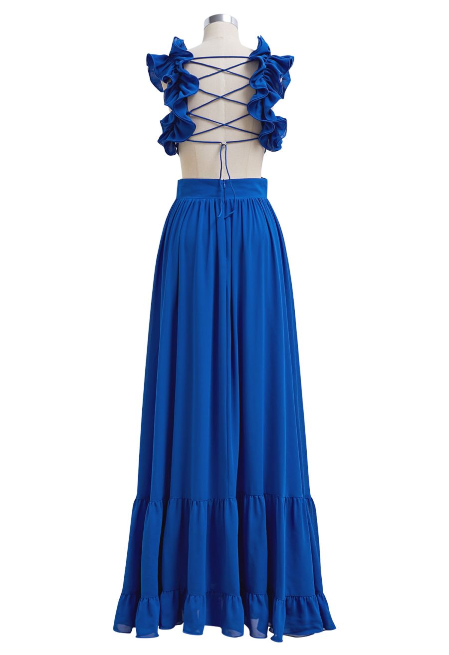 Lace-Up Back Ruffle Cut Out Chiffon Gown in Indigo