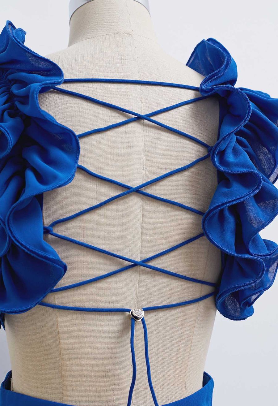 Lace-Up Back Ruffle Cut Out Chiffon Gown in Indigo
