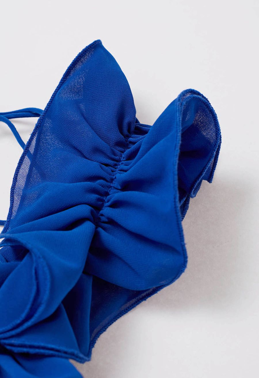 Lace-Up Back Ruffle Cut Out Chiffon Gown in Indigo