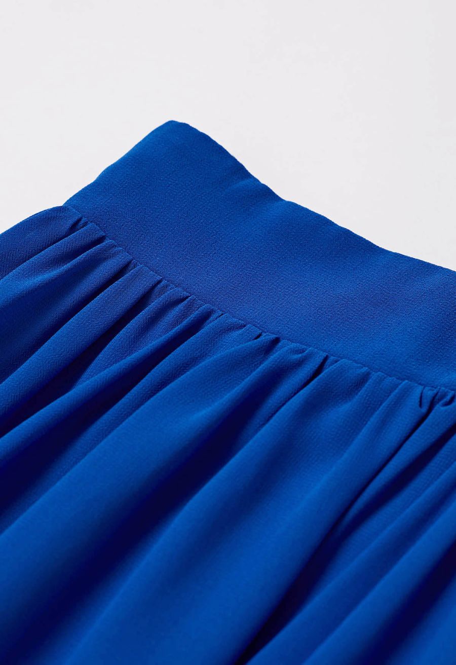 Lace-Up Back Ruffle Cut Out Chiffon Gown in Indigo