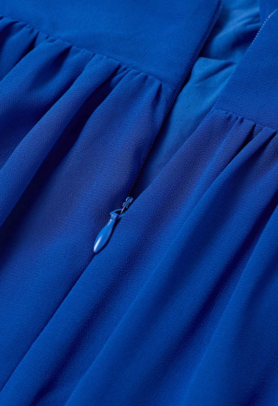 Lace-Up Back Ruffle Cut Out Chiffon Gown in Indigo