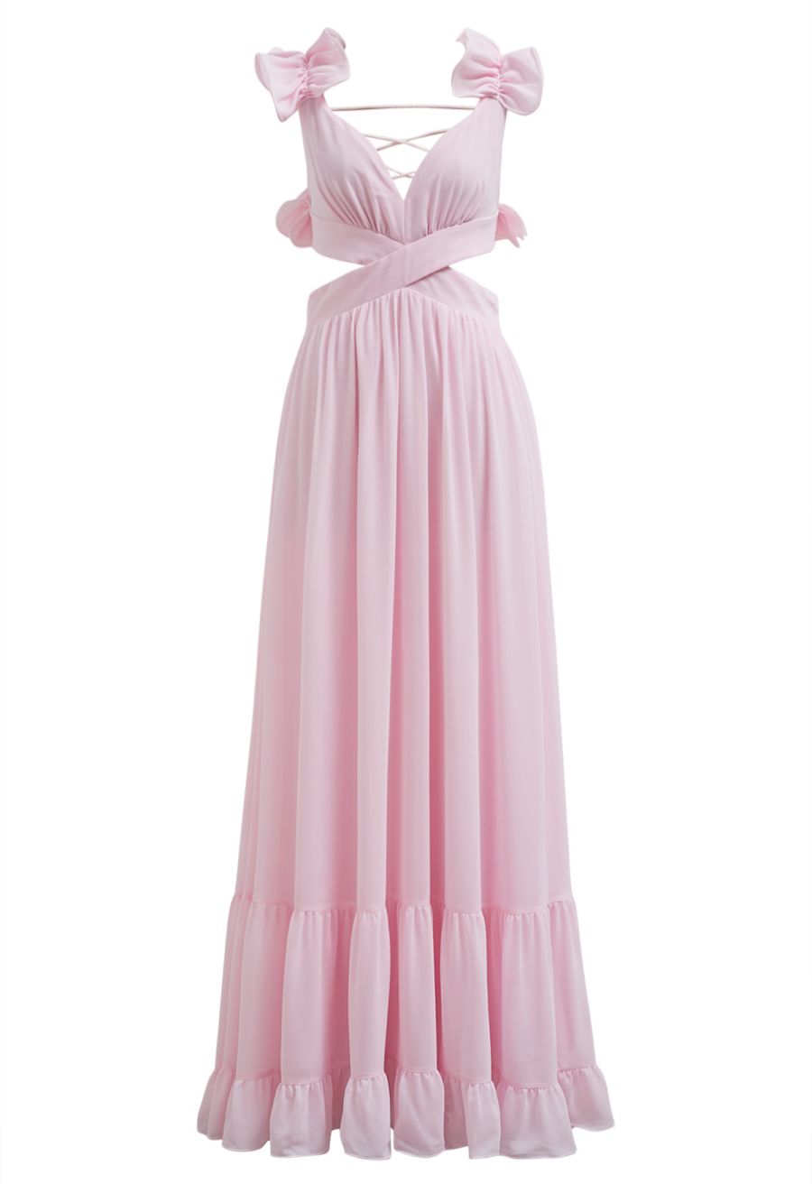 Lace-Up Back Ruffle Cut Out Chiffon Gown in Pink