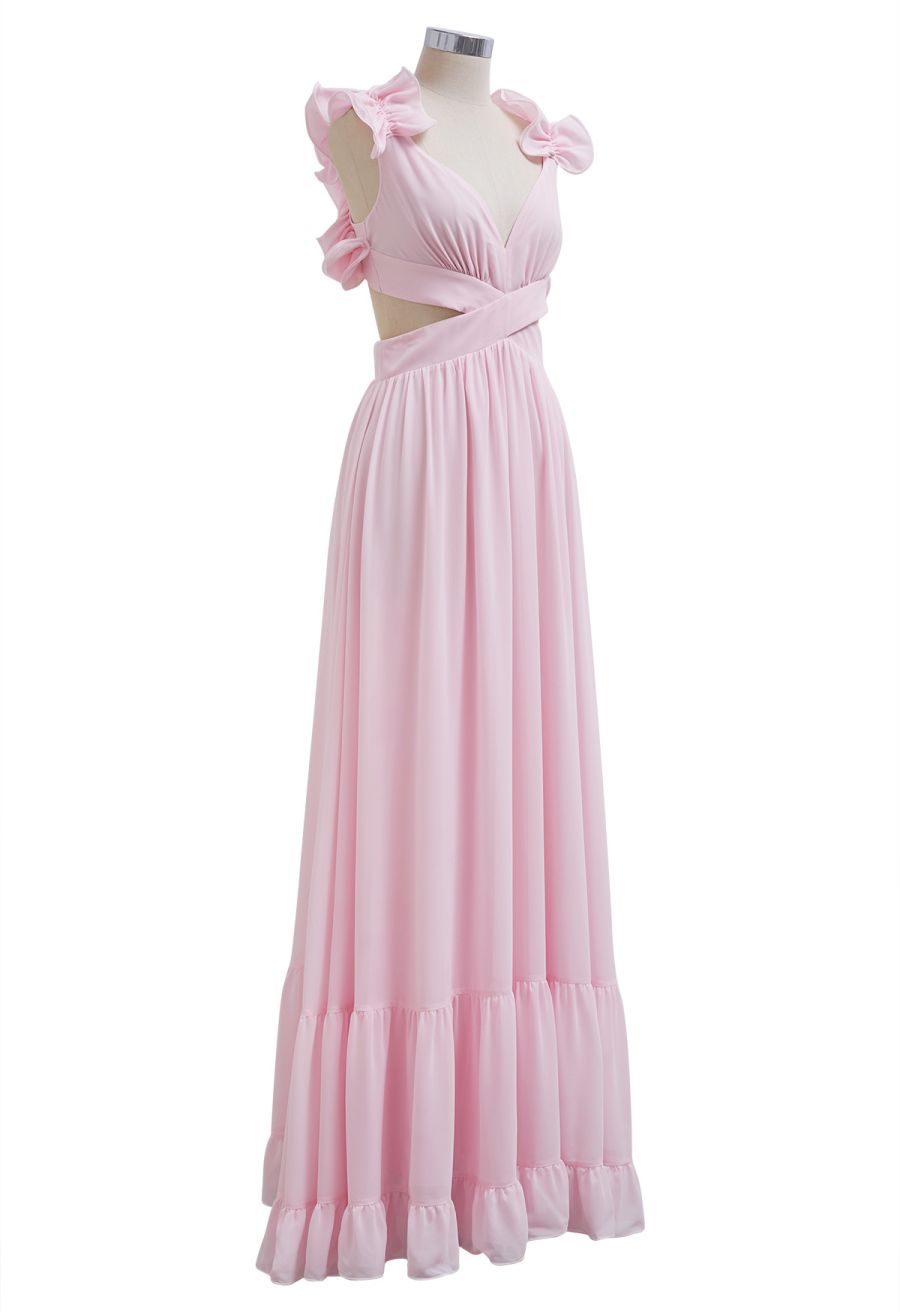 Lace-Up Back Ruffle Cut Out Chiffon Gown in Pink