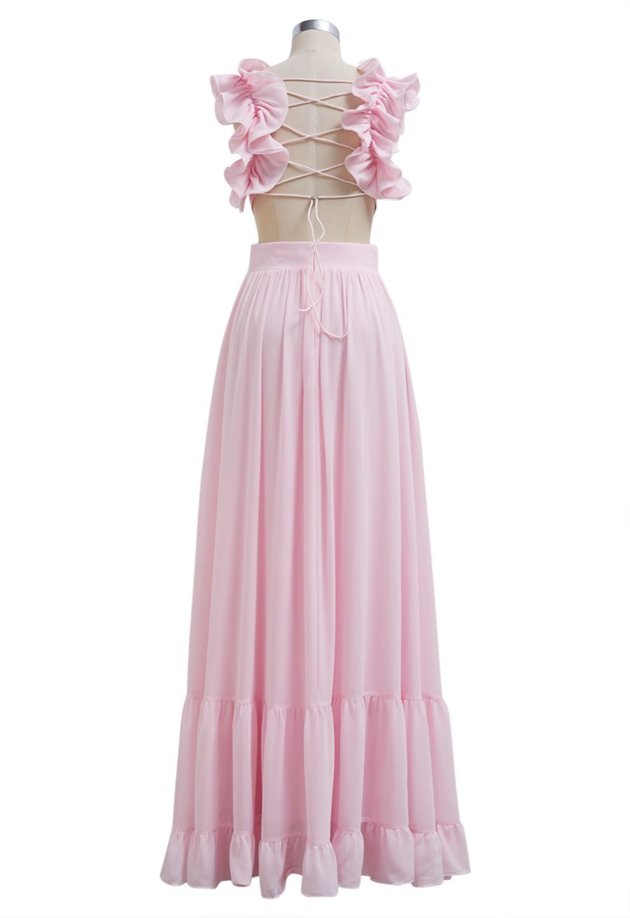 Lace-Up Back Ruffle Cut Out Chiffon Gown in Pink