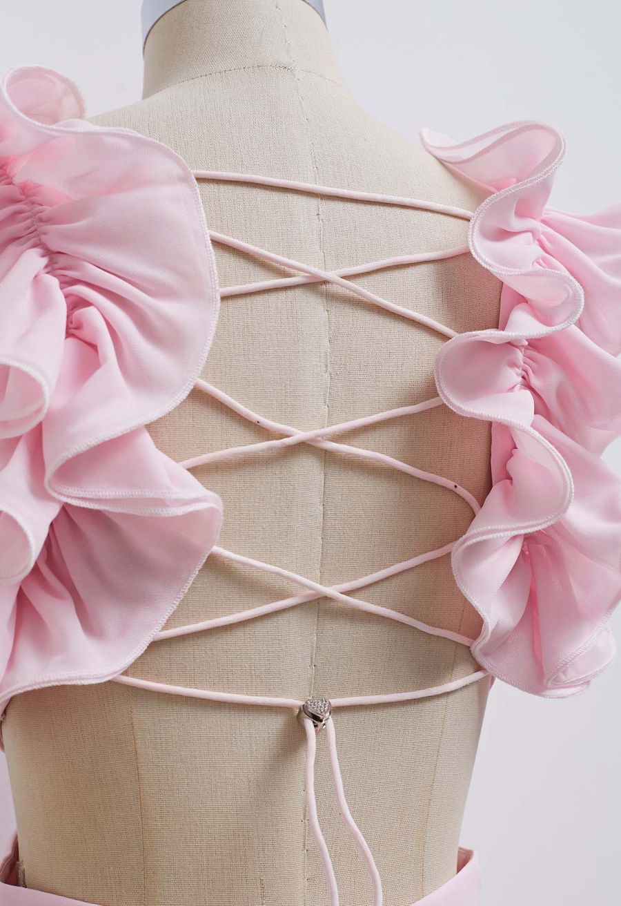 Lace-Up Back Ruffle Cut Out Chiffon Gown in Pink