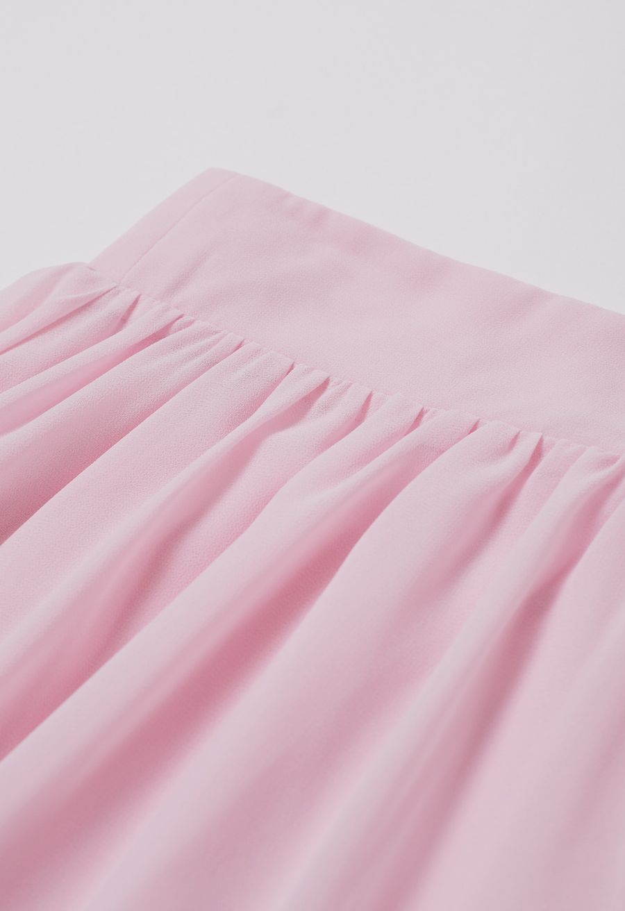 Lace-Up Back Ruffle Cut Out Chiffon Gown in Pink