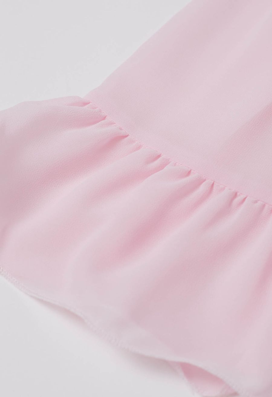 Lace-Up Back Ruffle Cut Out Chiffon Gown in Pink