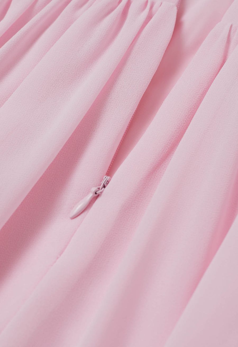 Lace-Up Back Ruffle Cut Out Chiffon Gown in Pink