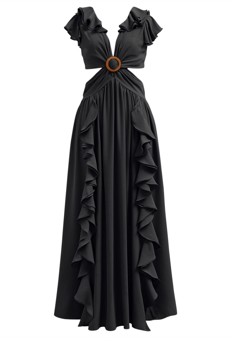 Cascade Ruffle O-Ring Tie-Back Maxi Dress in Black