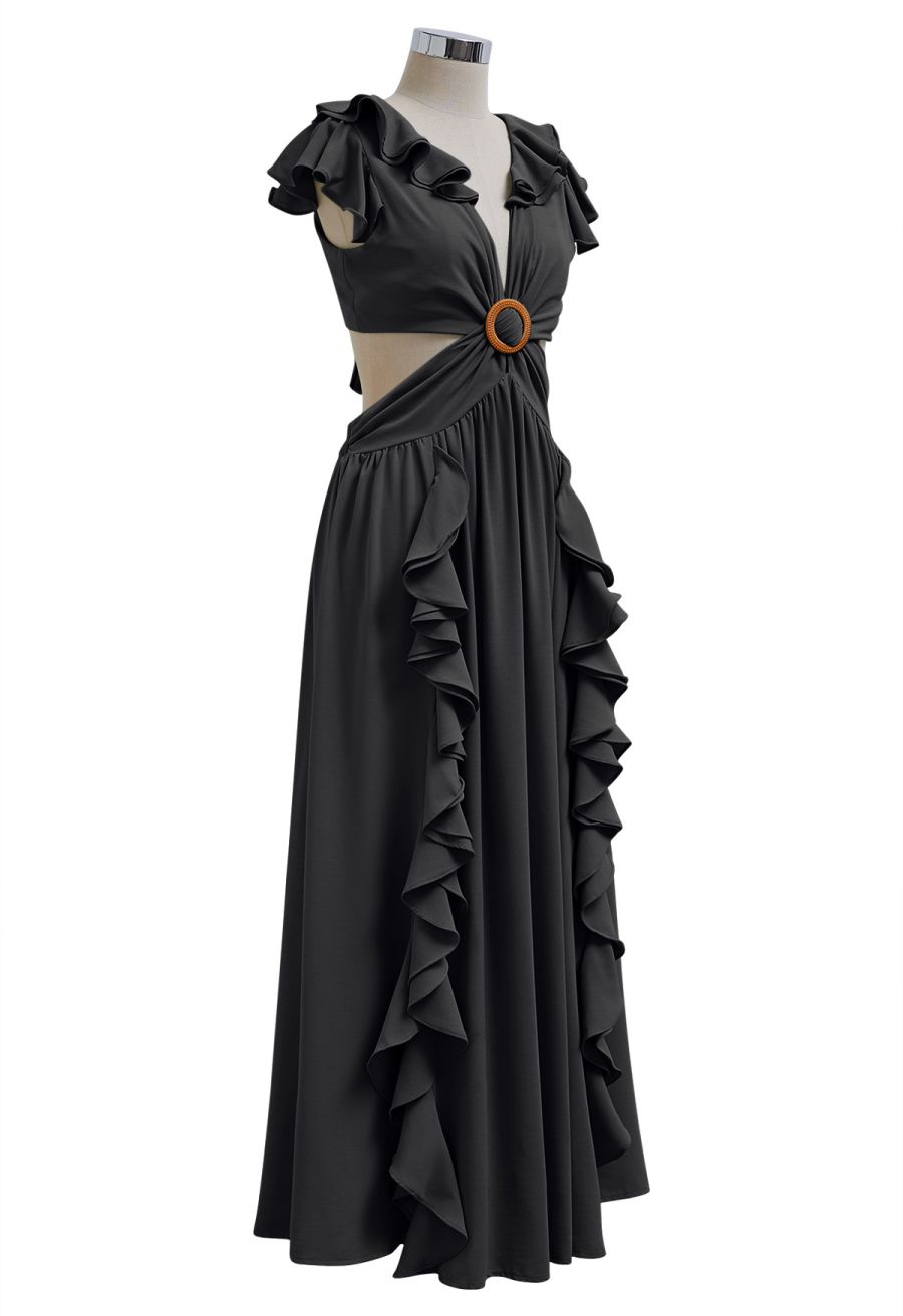 Cascade Ruffle O-Ring Tie-Back Maxi Dress in Black