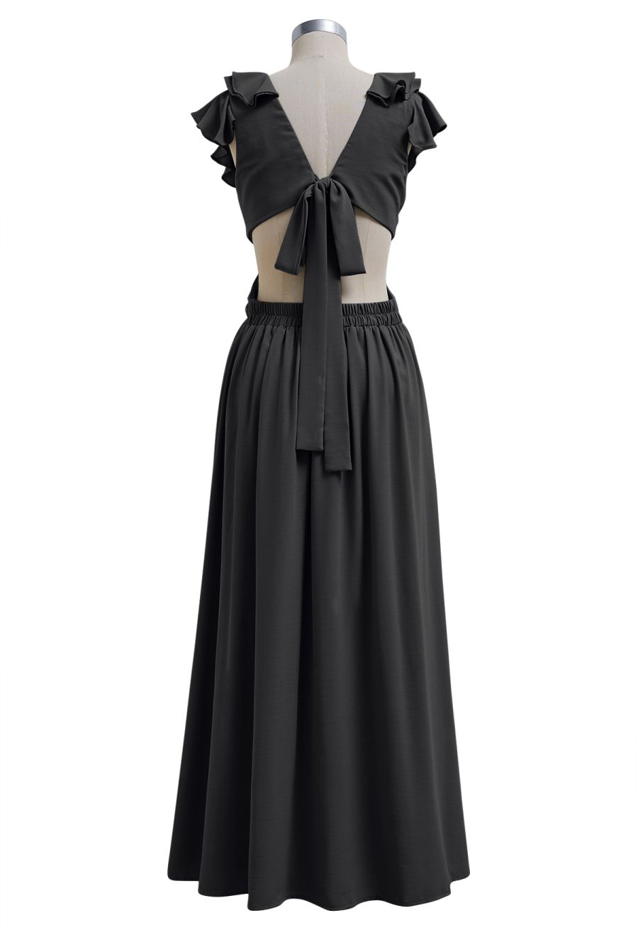 Cascade Ruffle O-Ring Tie-Back Maxi Dress in Black