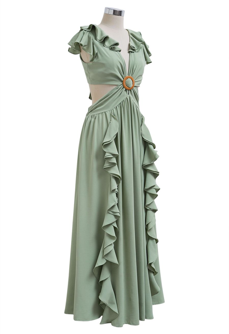 Cascade Ruffle O-Ring Tie-Back Maxi Dress in Pea Green