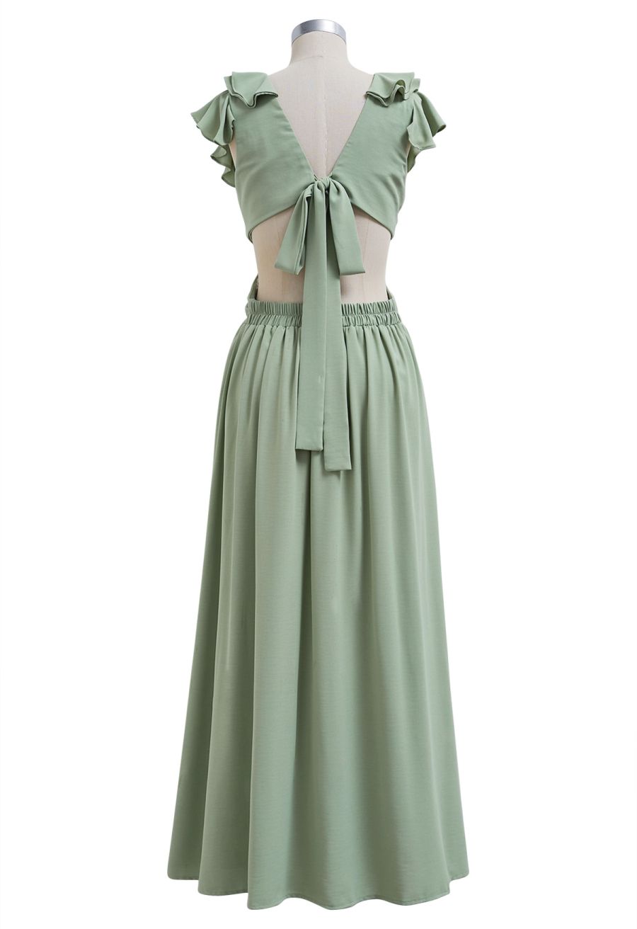 Cascade Ruffle O-Ring Tie-Back Maxi Dress in Pea Green