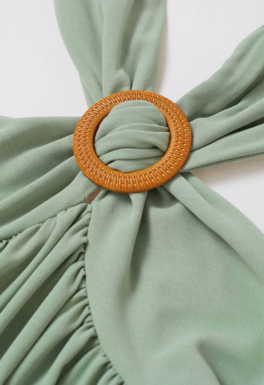 Cascade Ruffle O-Ring Tie-Back Maxi Dress in Pea Green