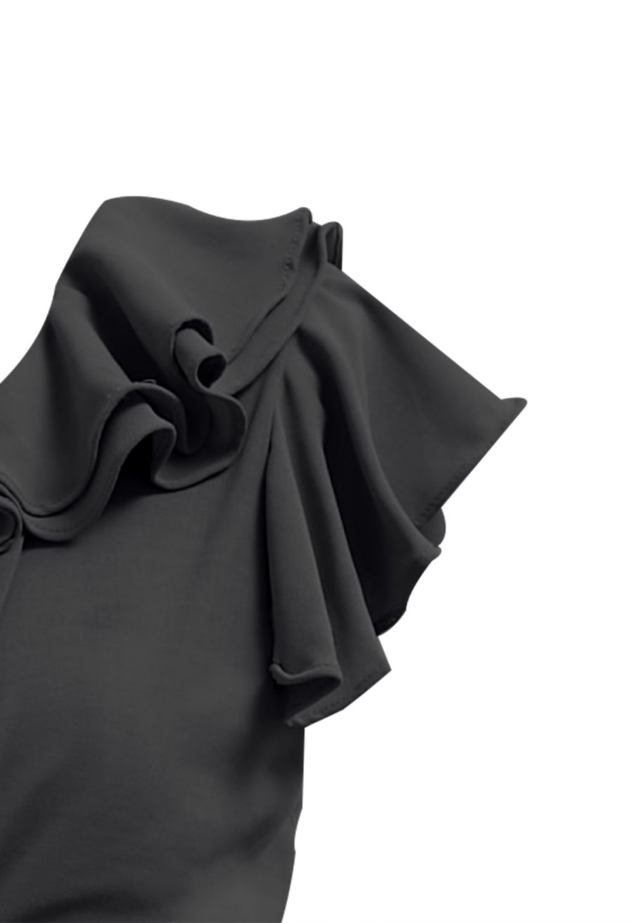 Cascade Ruffle O-Ring Tie-Back Maxi Dress in Black
