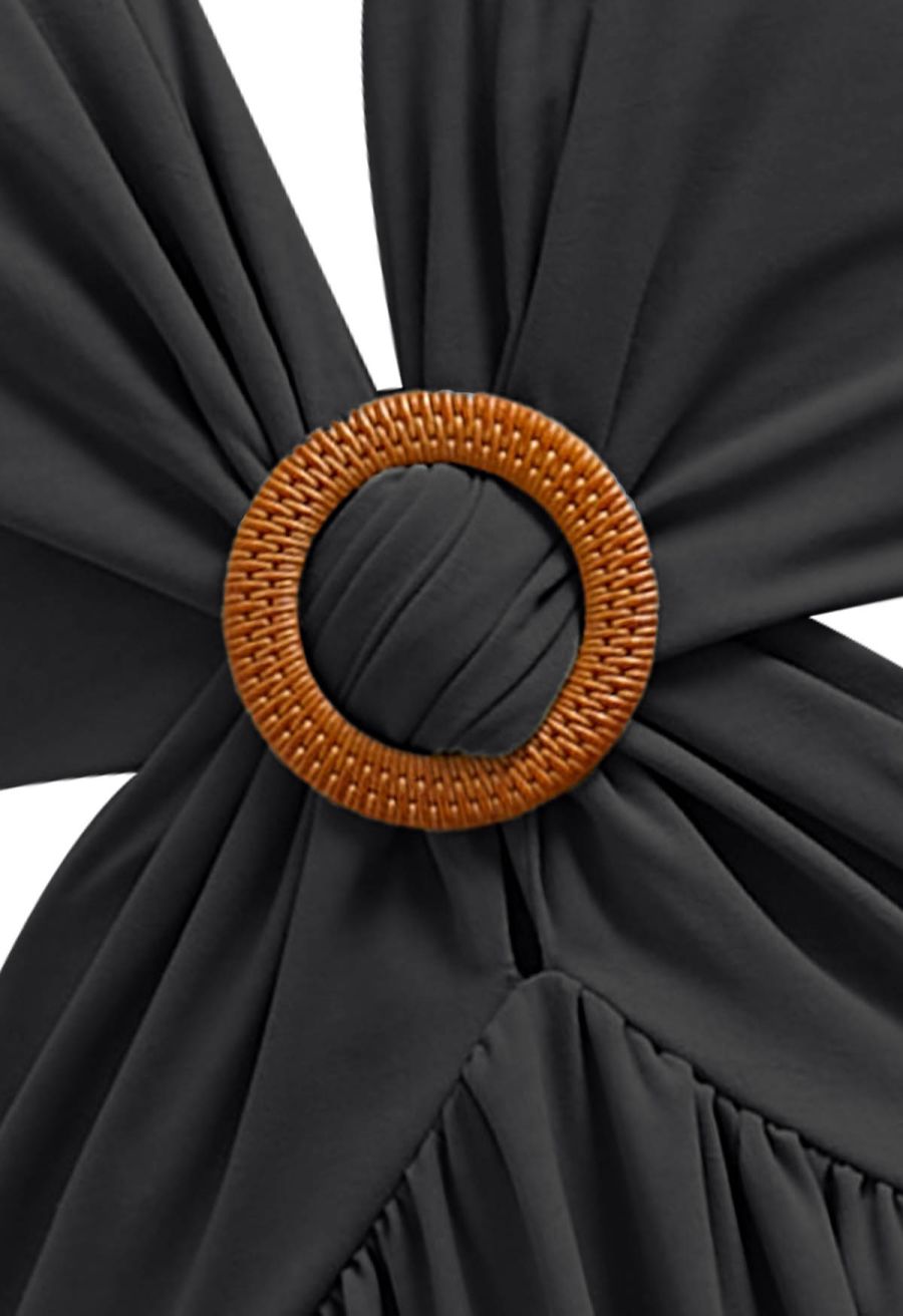 Cascade Ruffle O-Ring Tie-Back Maxi Dress in Black