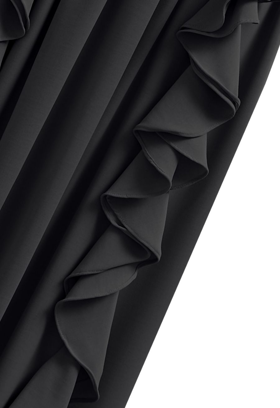 Cascade Ruffle O-Ring Tie-Back Maxi Dress in Black