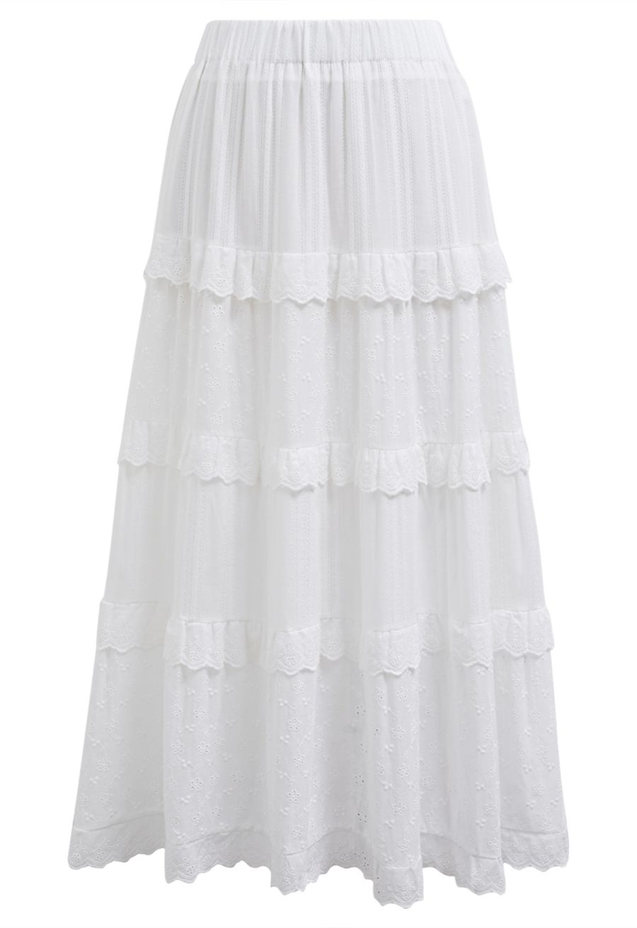 Eyelet Embroidery Ruffle Edge Cotton-Blend Skirt