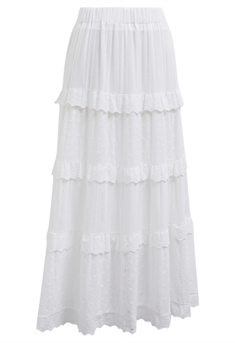 Eyelet Embroidery Ruffle Edge Cotton-Blend Skirt