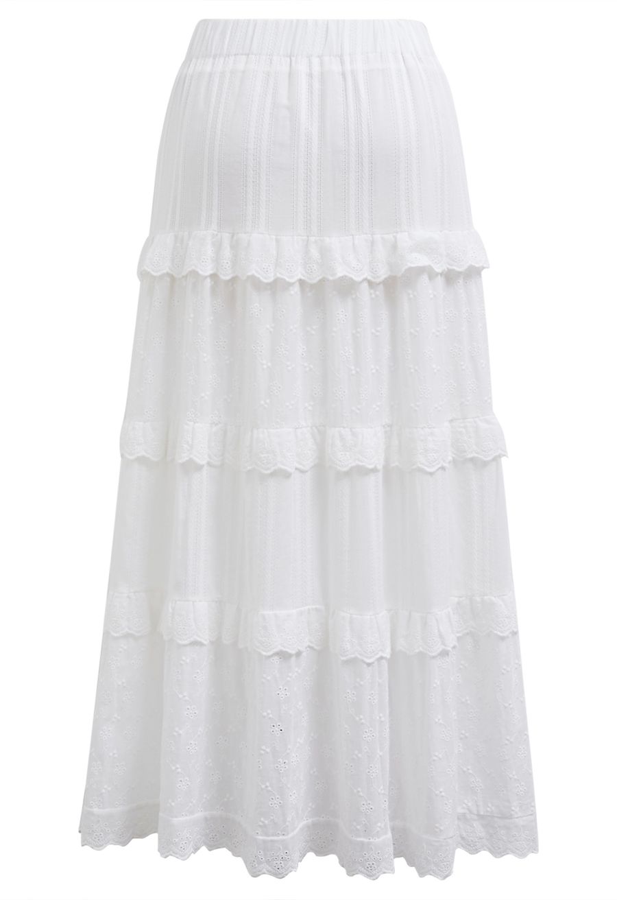 Eyelet Embroidery Ruffle Edge Cotton-Blend Skirt
