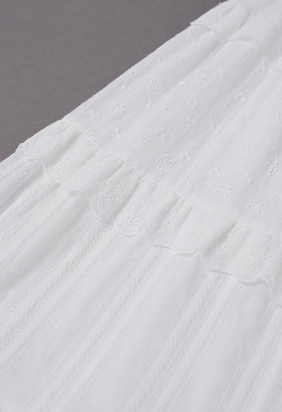 Eyelet Embroidery Ruffle Edge Cotton-Blend Skirt