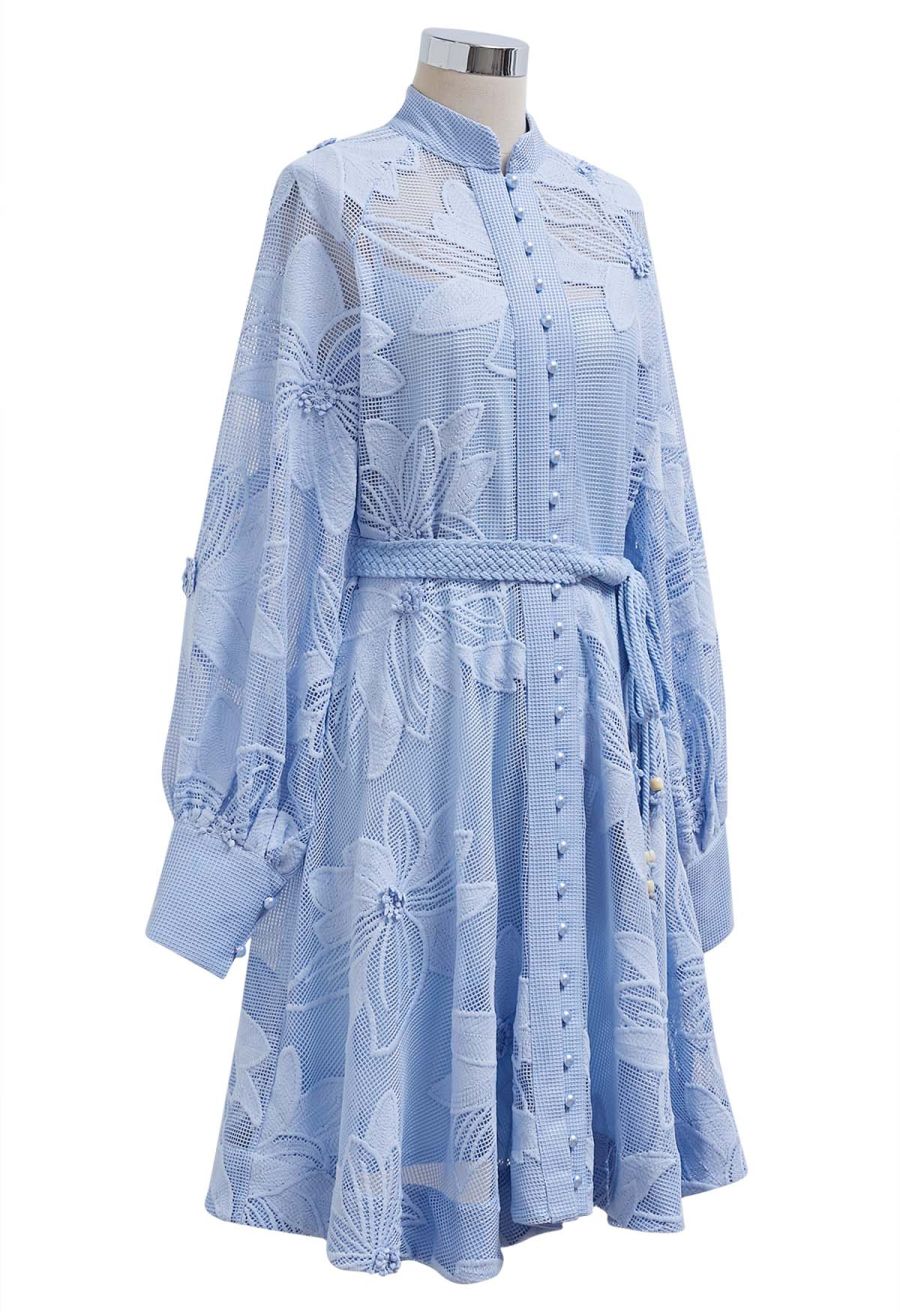 Embroidered Floral Belted Fishnet Midi Dress in Blue