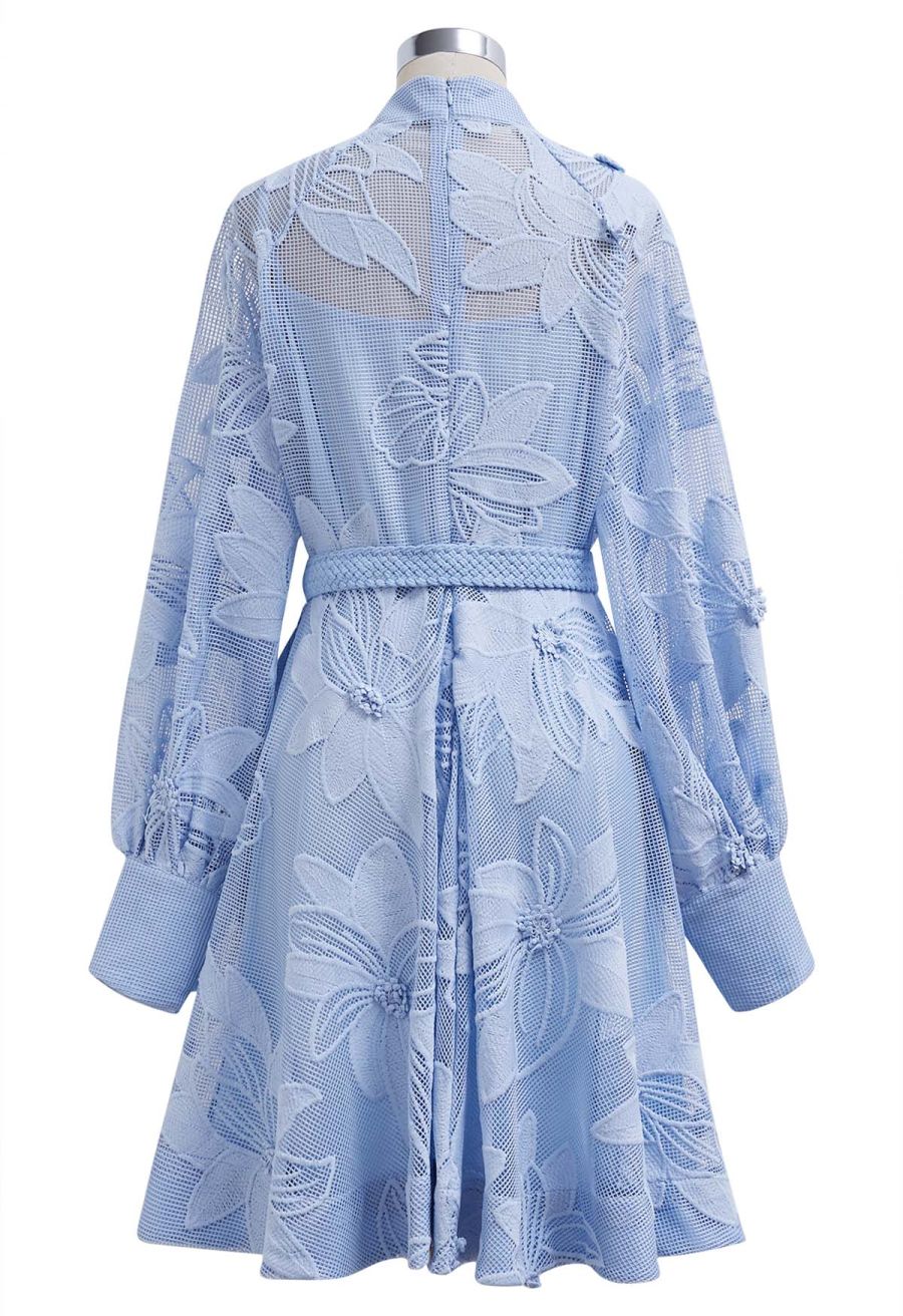 Embroidered Floral Belted Fishnet Midi Dress in Blue