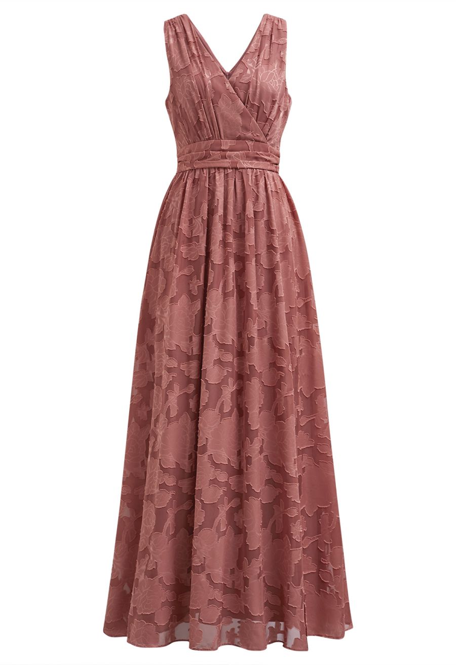 Rust Red Burnout Floral Faux-Wrap Maxi Dress