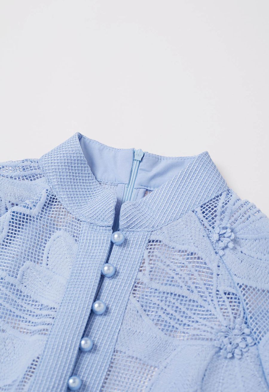 Embroidered Floral Belted Fishnet Midi Dress in Blue