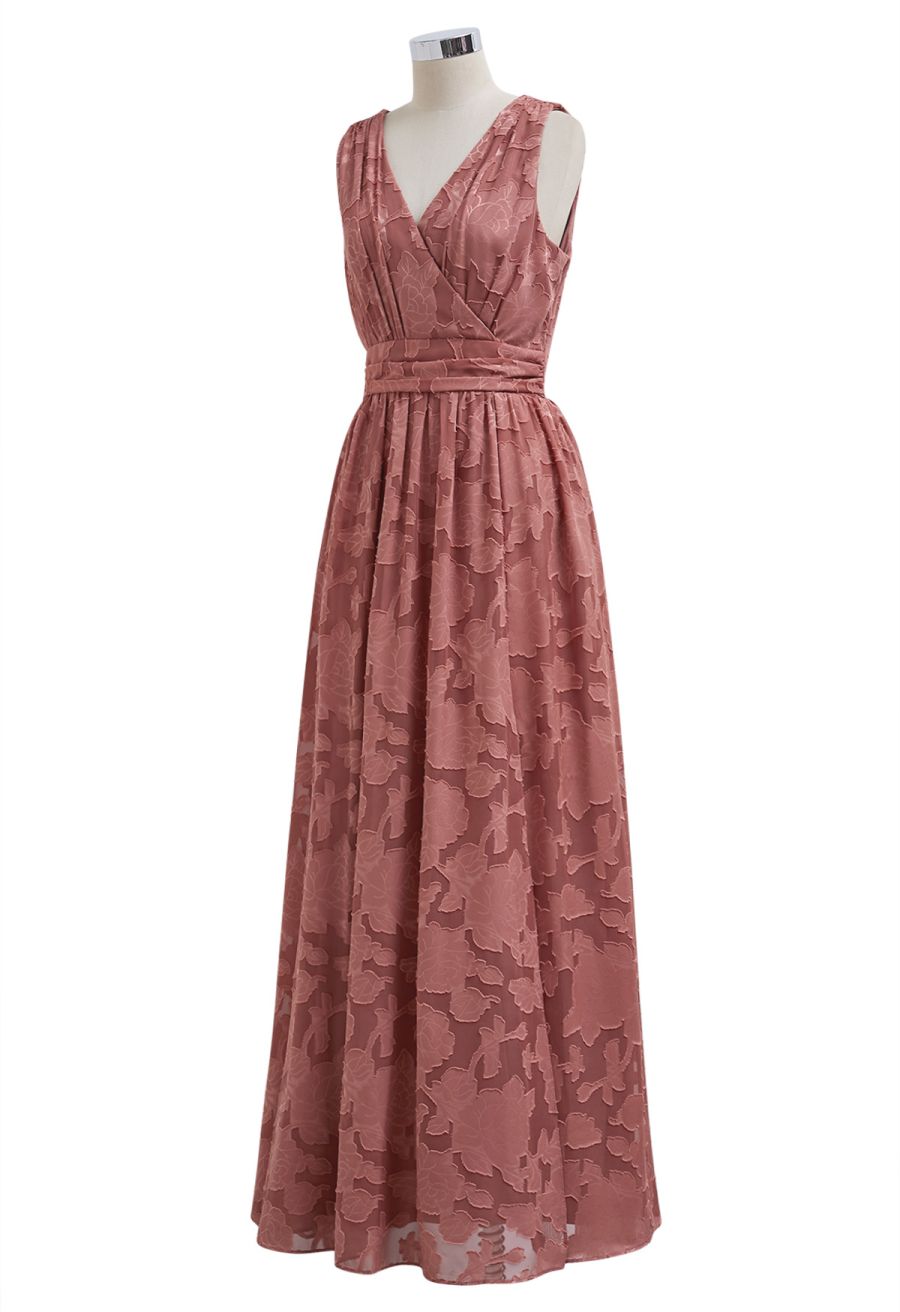 Rust Red Burnout Floral Faux-Wrap Maxi Dress
