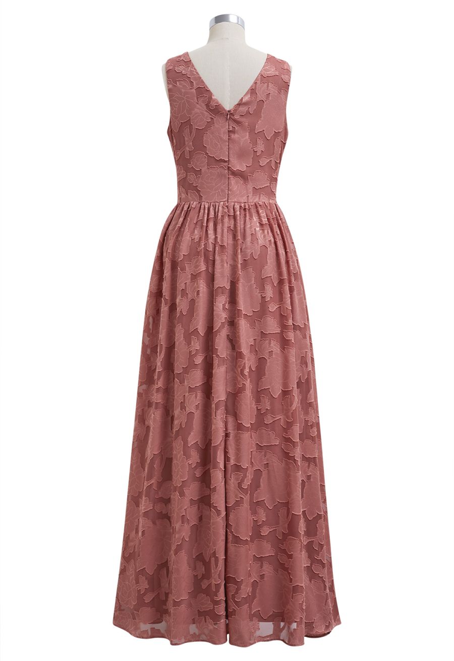 Rust Red Burnout Floral Faux-Wrap Maxi Dress