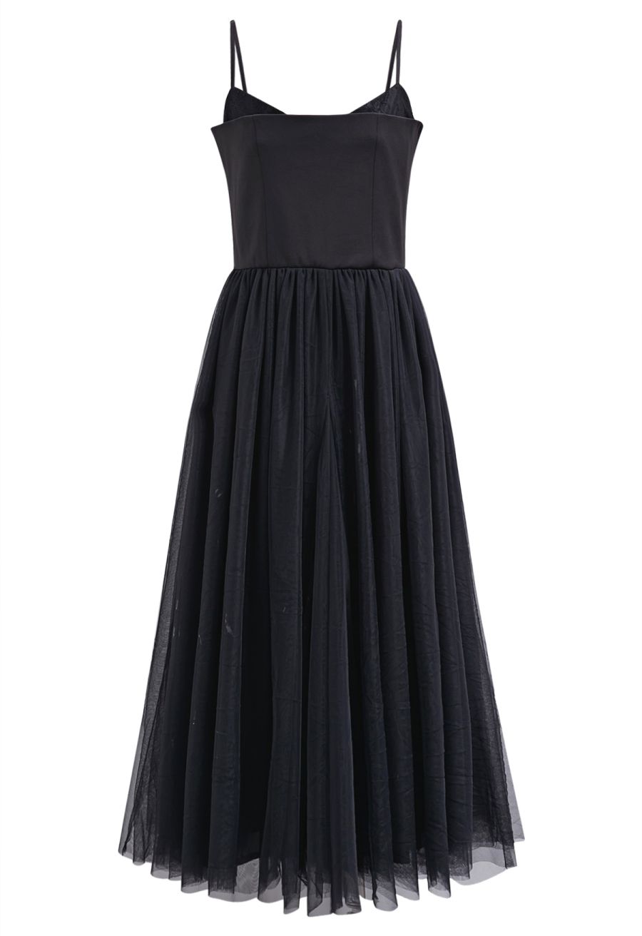 Double-Layered Mesh Tulle Spliced Cami Dress in Black