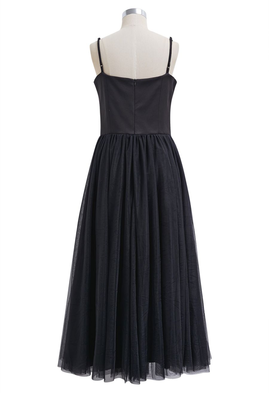 Double-Layered Mesh Tulle Spliced Cami Dress in Black