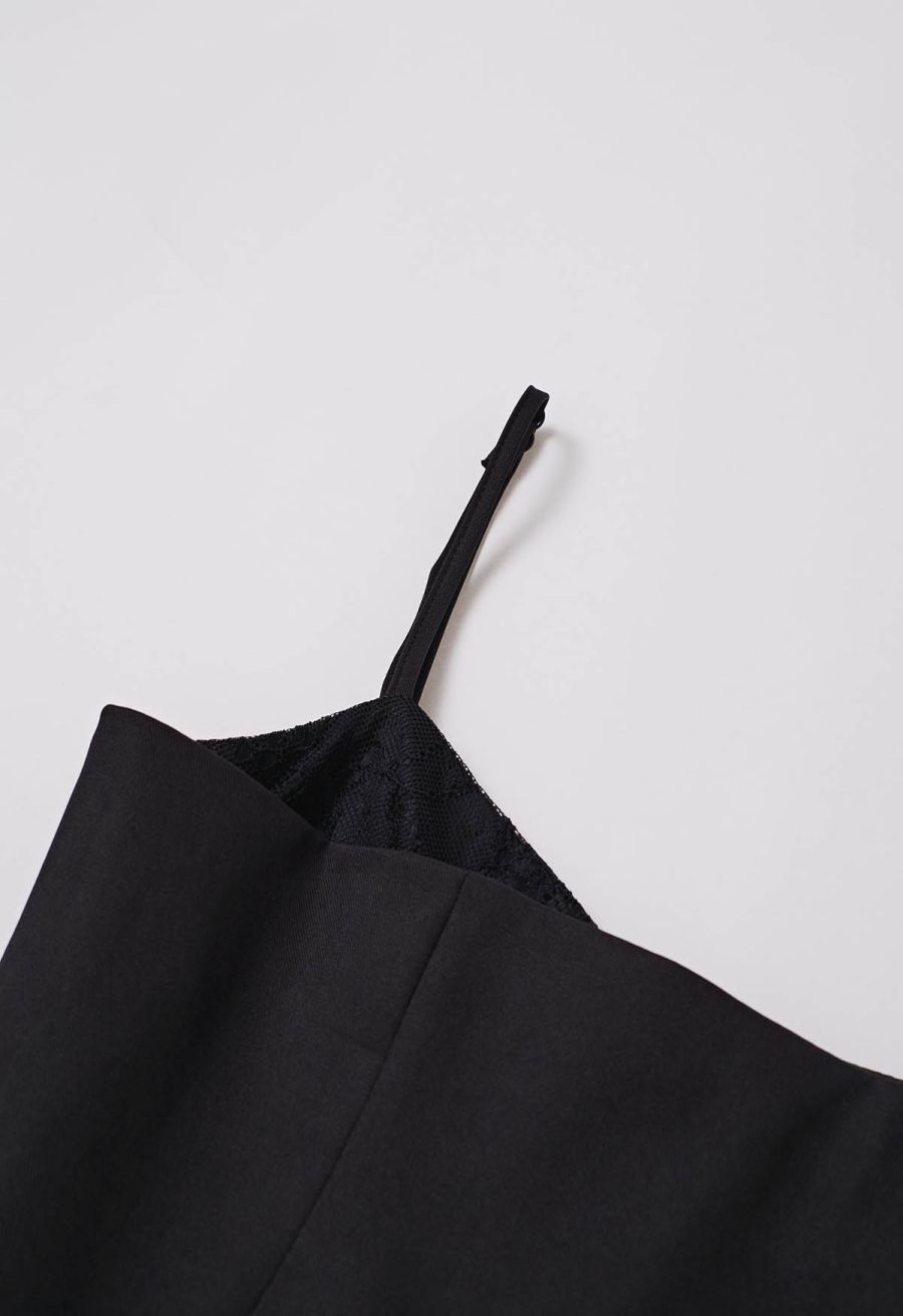 Double-Layered Mesh Tulle Spliced Cami Dress in Black