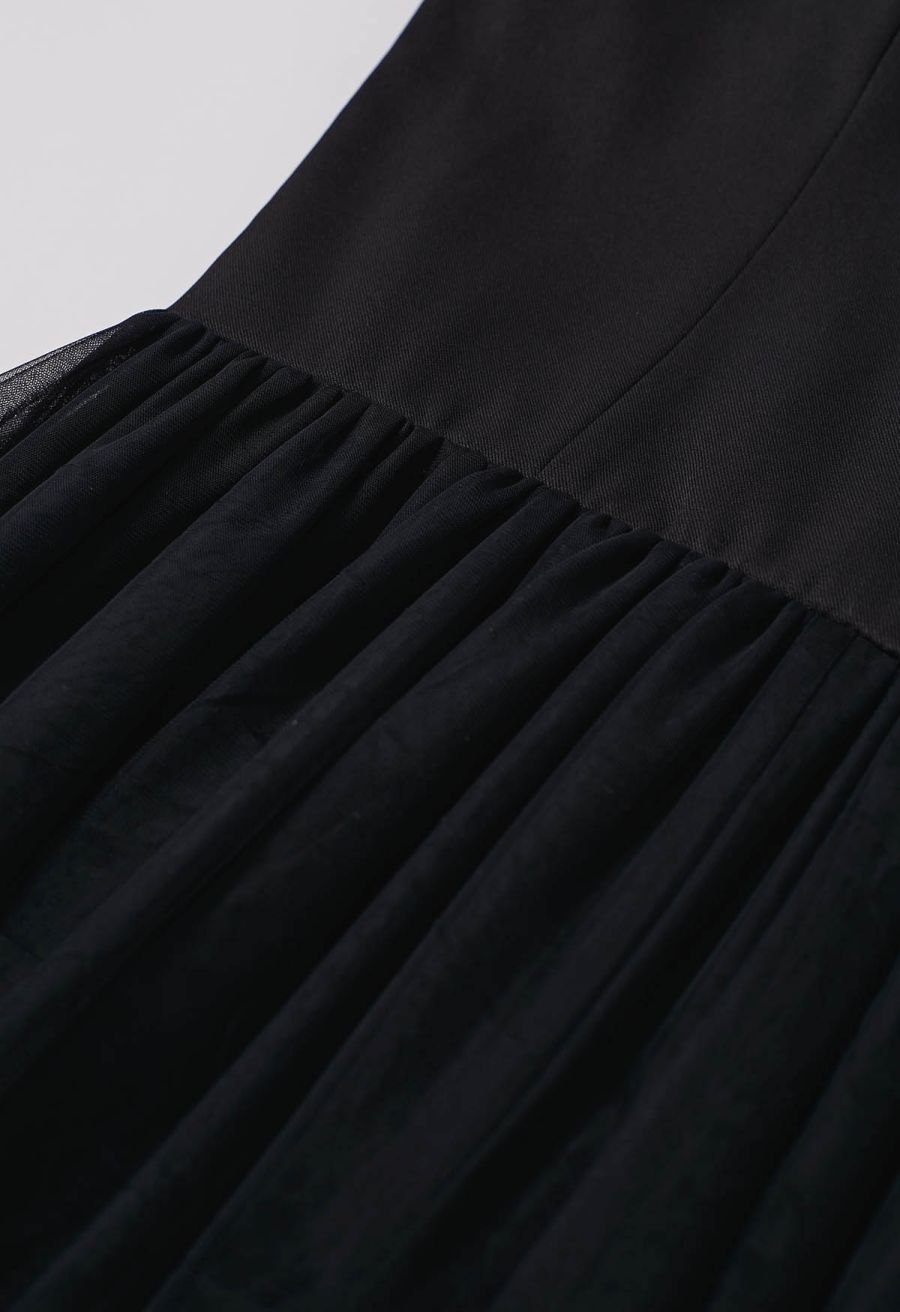 Double-Layered Mesh Tulle Spliced Cami Dress in Black
