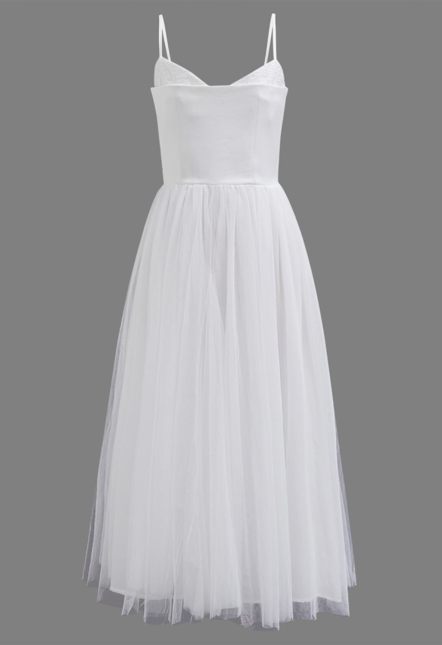 Double-Layered Mesh Tulle Spliced Cami Dress in White