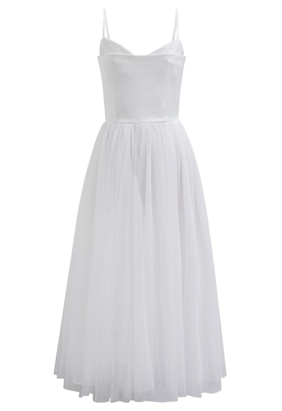 Double-Layered Mesh Tulle Spliced Cami Dress in White