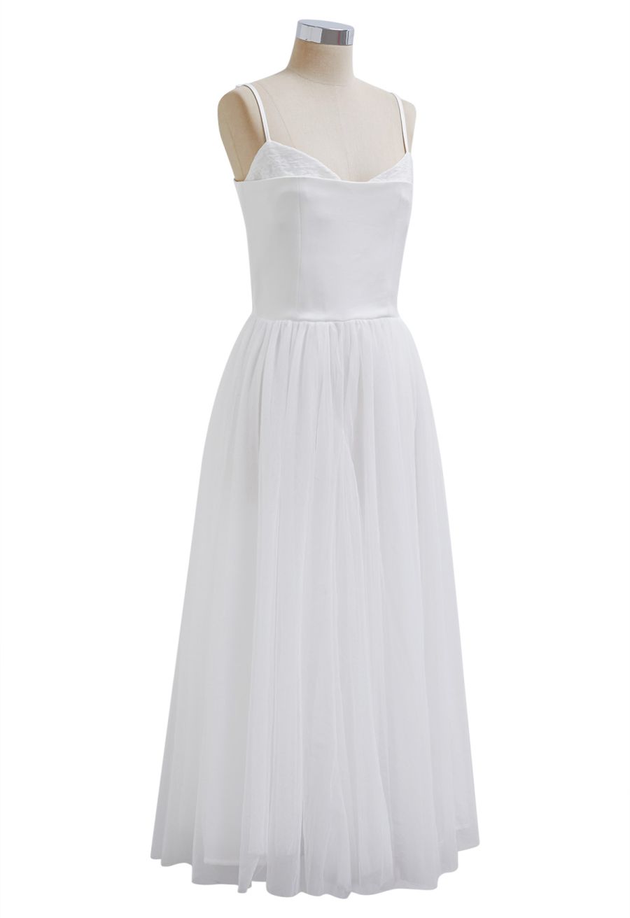 Double-Layered Mesh Tulle Spliced Cami Dress in White