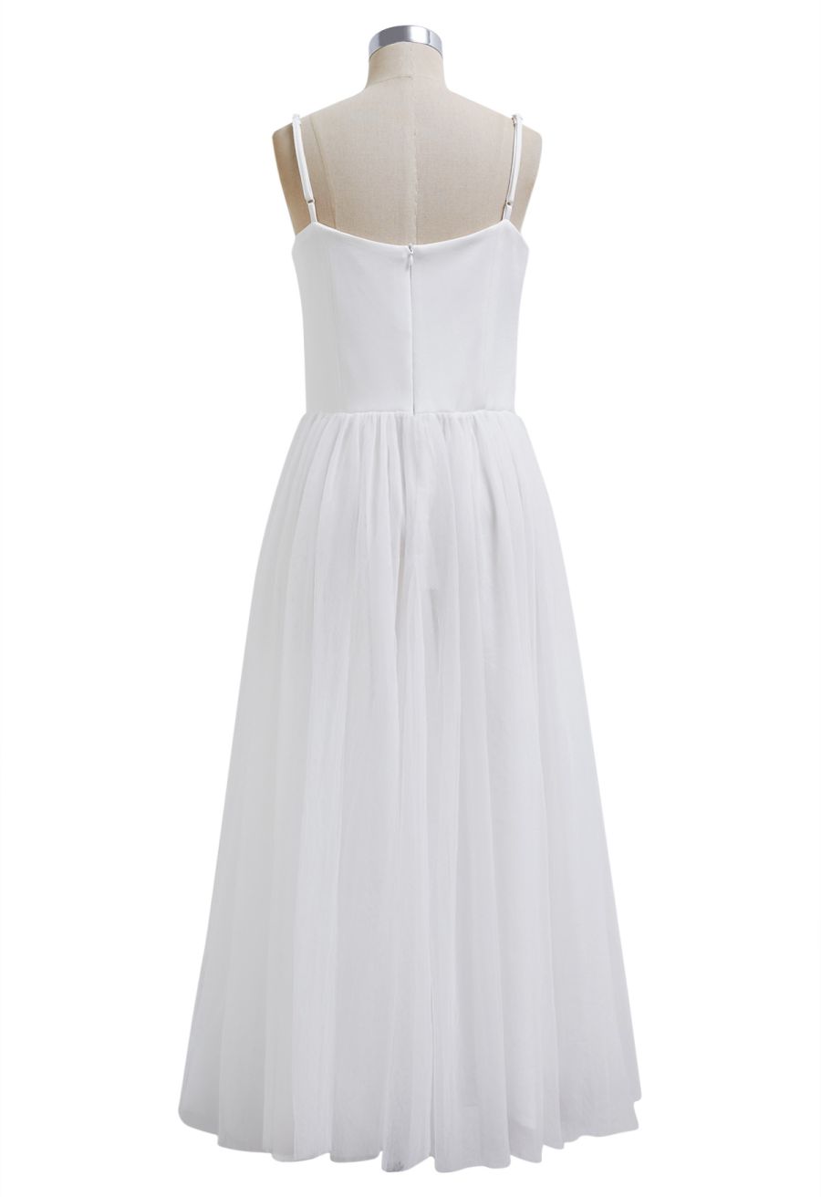 Double-Layered Mesh Tulle Spliced Cami Dress in White