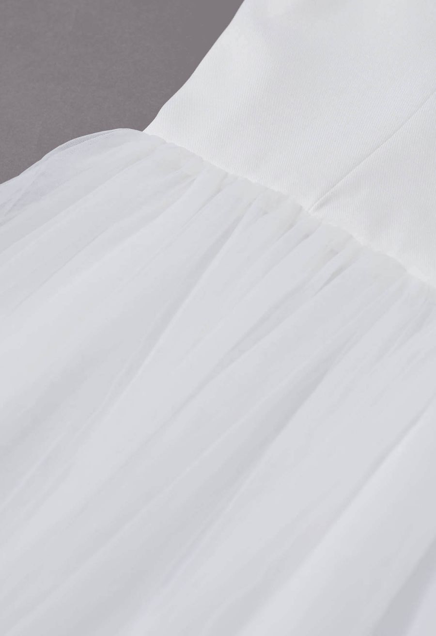 Double-Layered Mesh Tulle Spliced Cami Dress in White