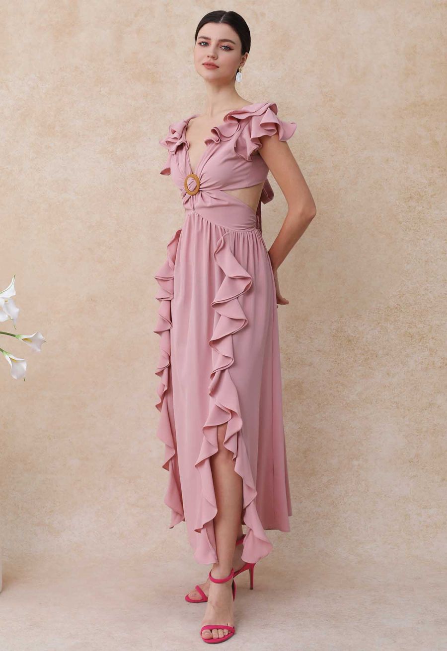 Cascade Ruffle O-Ring Tie-Back Maxi Dress in Pink