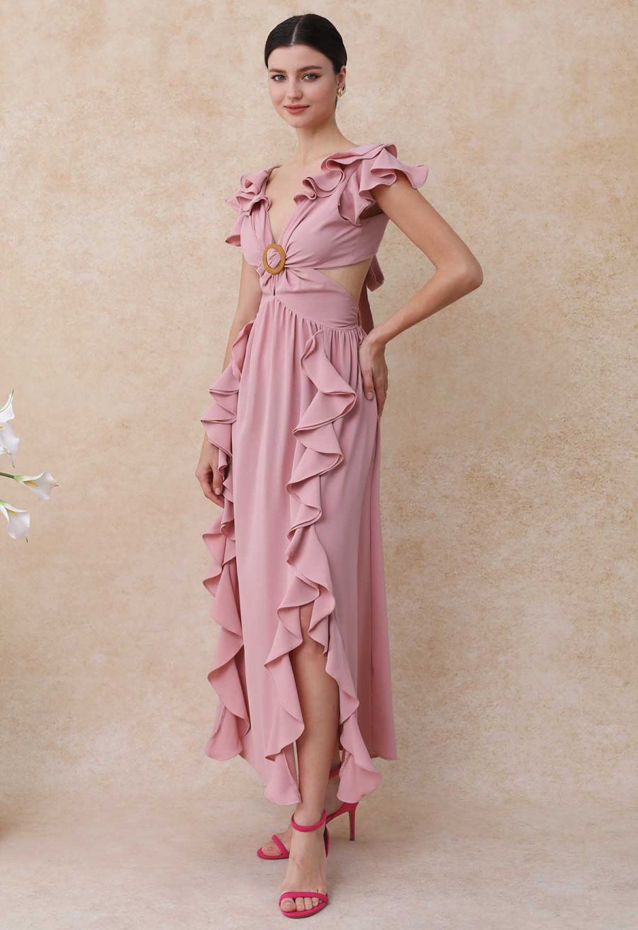 Cascade Ruffle O-Ring Tie-Back Maxi Dress in Pink