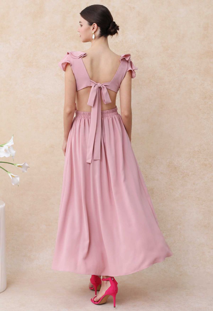 Cascade Ruffle O-Ring Tie-Back Maxi Dress in Pink