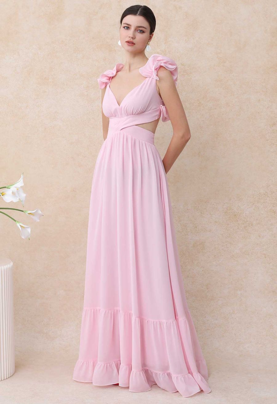 Lace-Up Back Ruffle Cut Out Chiffon Gown in Pink