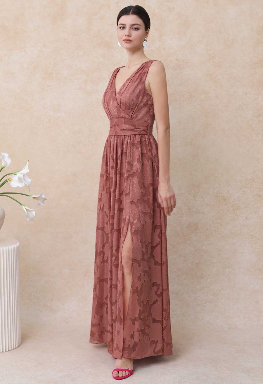 Rust Red Burnout Floral Faux-Wrap Maxi Dress