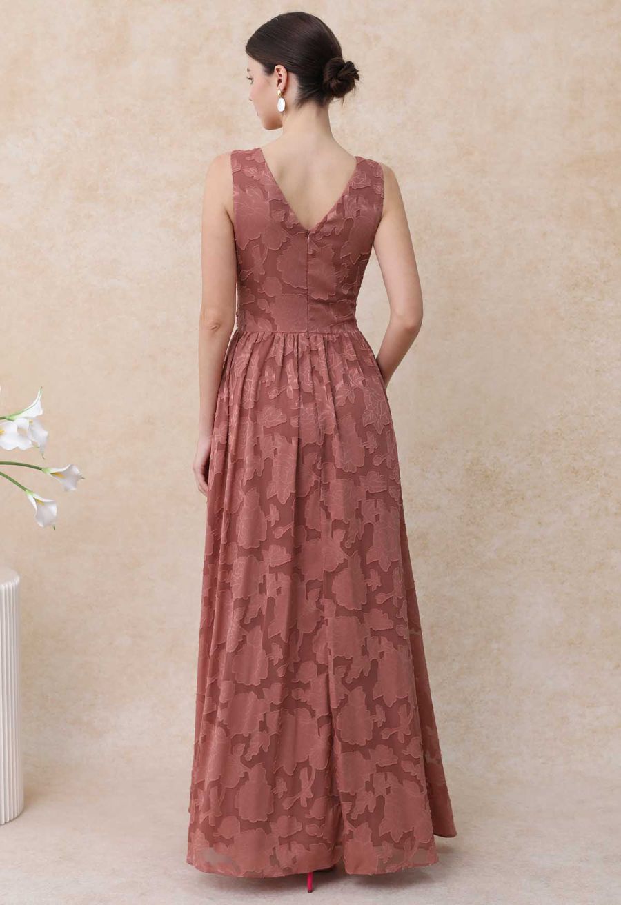 Rust Red Burnout Floral Faux-Wrap Maxi Dress