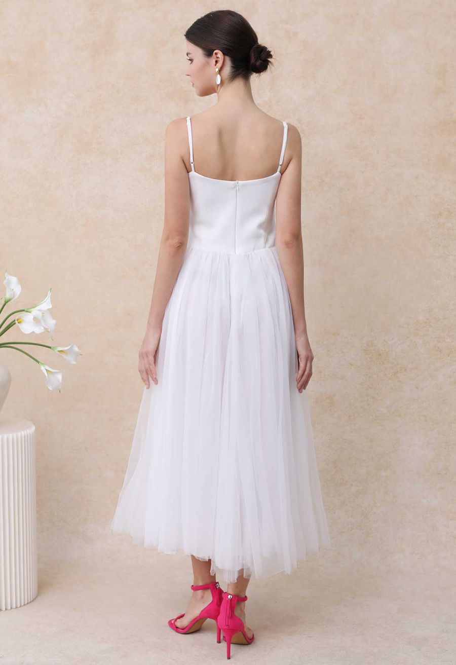 Double-Layered Mesh Tulle Spliced Cami Dress in White